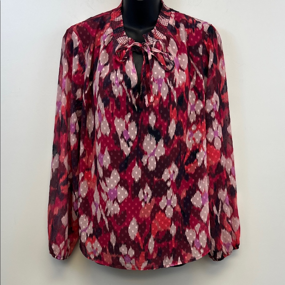 Tribal Jeans Pink Red Purple Long Sleeved Lightweight Top with Tie Neck Size M